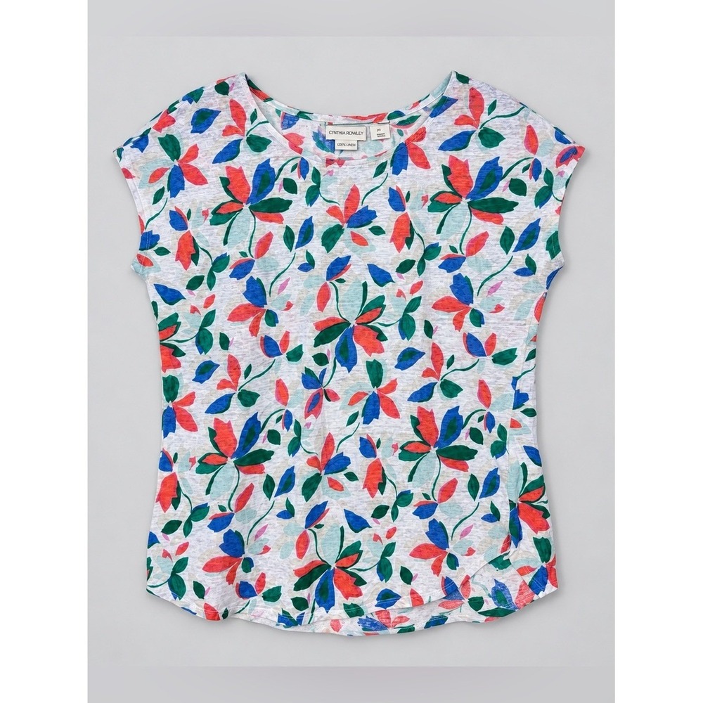 Cynthia Rowley 100% Linen Top Blouse Large Floral Coastal Euro Summer Fisherman